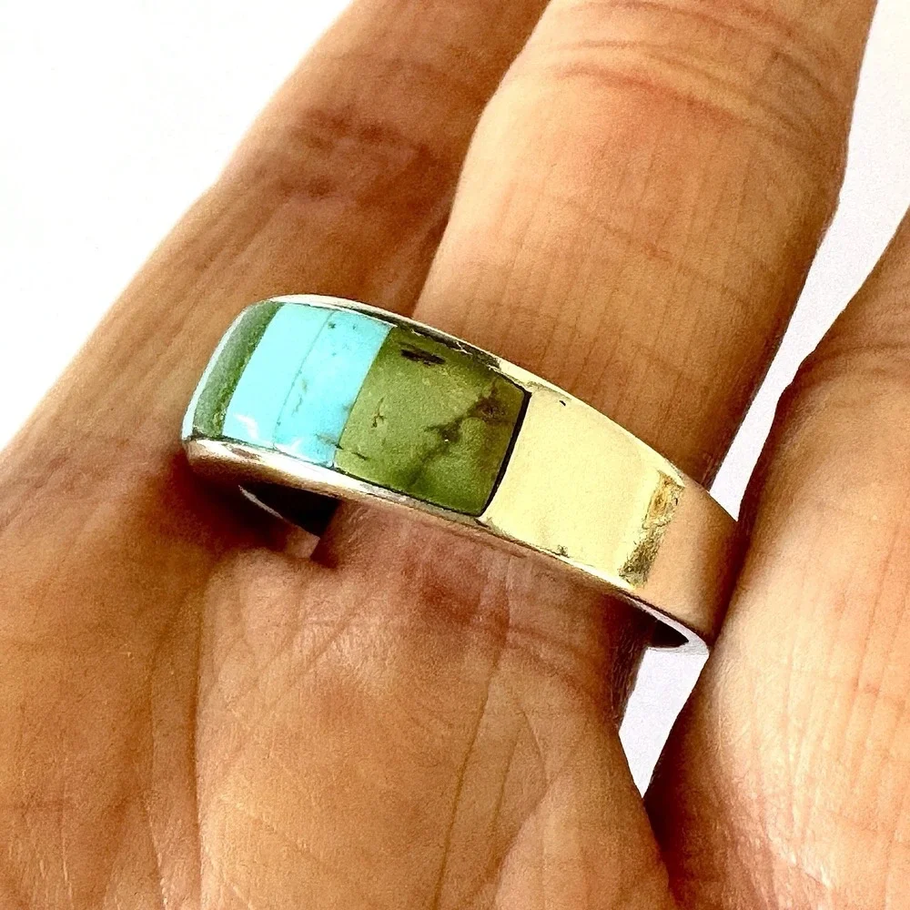 Navajo Mens Wedding Band Turquoise Inlay Sz 12.5 Ring 8mm Signed Tsosie Native